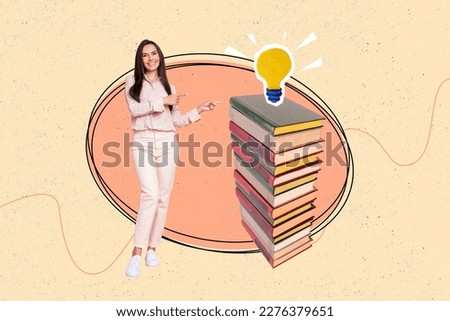 Creative illustration photo collage of positive intelligent attractive woman directing at book lamp isolated on pastel painting background