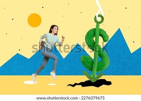 Photo collage advertisement of finance bank global system recession young woman run save economy anchor dollar bottom isolated on drawn background