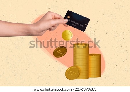 Composite collage picture of arm fingers hold plastic debit card pile stack money coins isolated on painted background