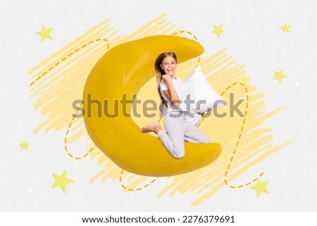 Creative collage portrait of excited delighted little girl sit moon hold pillow raise fist success triumph isolated on drawing background