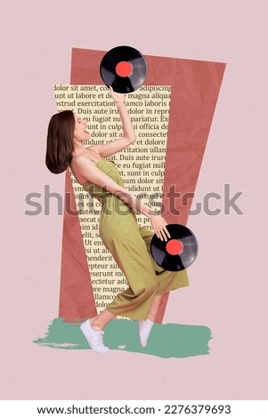 Vertical collage picture of cheerful carefree mini girl dancing hands hold vinyl records book page text isolated on painted background