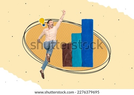 Creative collage image of crazy mini man jumping growing chart light bulb bright idea isolated on drawing background