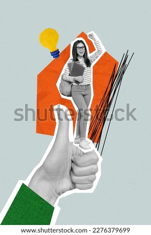 Photo minimal collage of young intelligent college student girl raise fist idea lightbulb metaphor thumb enjoy studying isolated on gray background