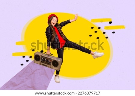 Photo collage of young little schoolgirl dj overjoyed listen music have fun audio stereo boombox retro cassette player isolated on pink background