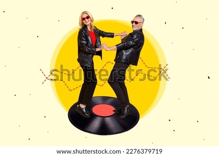 Minimal collage of dancers couple elderly lovers wear old school leather coats fun chill vintage vinyl disc retro party isolated on yellow background Royalty-Free Stock Photo #2276379719