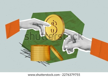 Photo banner collage new financial application how save more money stack coins penny dollars fingers connection isolated on green background Royalty-Free Stock Photo #2276379755