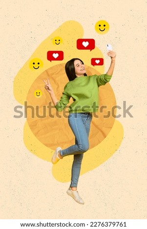 Vertical collage picture of teen girl jump hold smart phone make selfie fingers show v-sign receive like smile emoji notification Royalty-Free Stock Photo #2276379761