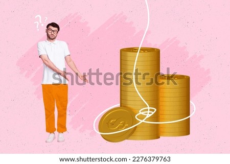 Collage portrait of mini clueless guy question mark head demonstrate huge ties pile stack money coins isolated on pink background