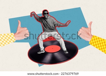 Creative composite photo collage of young hipster dancing carefree guy have fun listen music thumb up vinyl record isolated on gray blue background