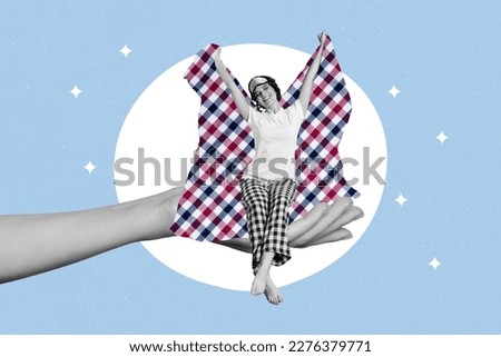 Good morning to you conceptual collage young girl sit on big hand stretching hold plaid blanket best morning mood collage