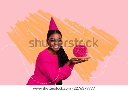 Creative photo illustration collage of funny funky girl wishes you happy birthday gives a cake isolated on pastel drawing background