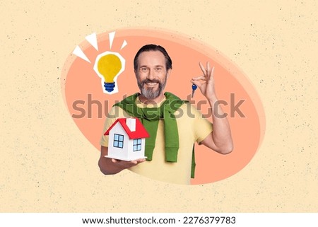 Collage picture of positive man arms hold showing little house key light bulb bright idea isolated on drawing background