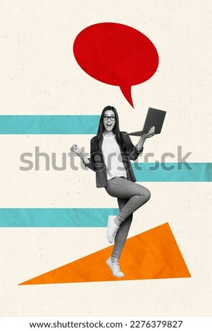 Vertical photo collage young businesswoman agent read online website laptop income email successful entrepreneur background