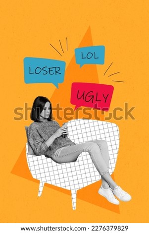 Young blogger girl read negative comments instagram twitter facebook popularity post hate lol loser cyber bullying concept collage