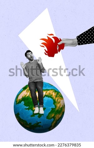 Creative picture magazine collage of scared young guy sit earth planet afraid heat fire flame ecological global warming