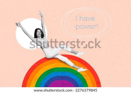 Lesbian girl sitting on rainbow colors flag activist protester demonstration concept protect bisexual community rights artwork collage Royalty-Free Stock Photo #2276379845