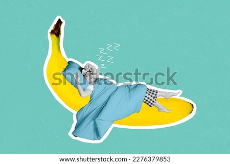 Collage photo of young woman sleeping on big large yellow banana fruit see dreams comfortable place barefoot pajama mask