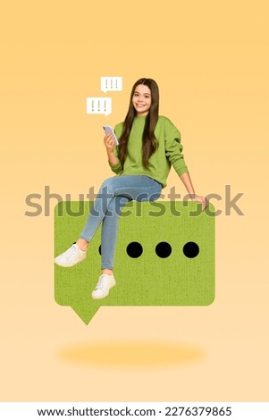 Vertical collage picture of cheerful mini girl sitting huge dialogue bubble hold smart phone isolated on beige background