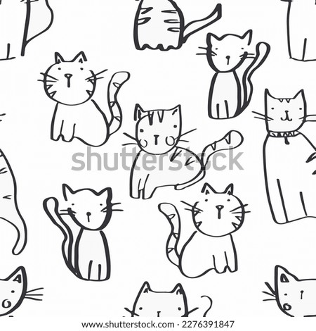 Cute cats illustrations with pattern, vector illustration on white background, allover cats print