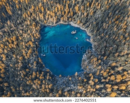 Aerial shot by drone over a heart shape lake surounded by autumn larch trees - Saoseo Lake in Canton Grison, Switzerland