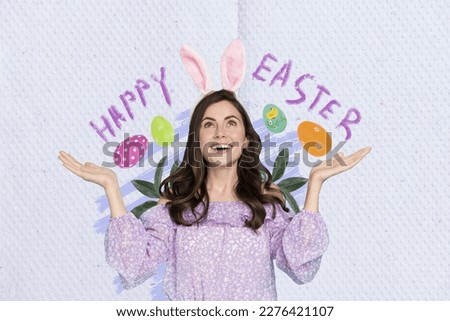 Creative collage photo illustration of impressed optimistic woman wear bunny ears celebrates easter isolated on drawing background