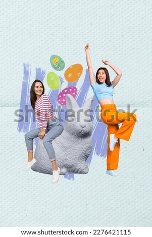 Vertical creative collage magazine photo of optimistic satisfied cute girls having fun dancing on easter isolated on painting background