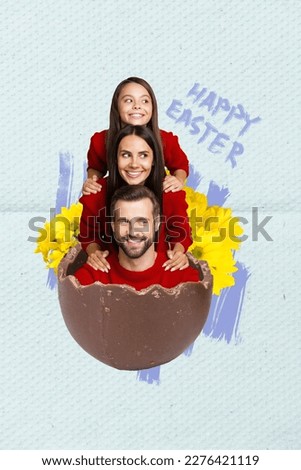 Vertical creative collage artwork photo of interested positive family people sit in chocolate easter egg isolated on drawing background