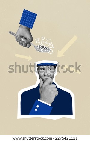 Template minimal collage photo of clever business man touch chin thoughtful education important spoon head letters isolated on gray background