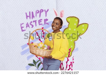 Creative collage photo template of positive funny teen girl holding basket with painted eggs on easter isolated on drawing background