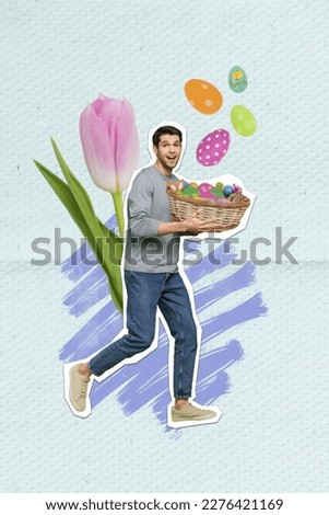 Vertical creative collage magazine photo of positive satisfied young guy holding basket with easter eggs isolated on painting background