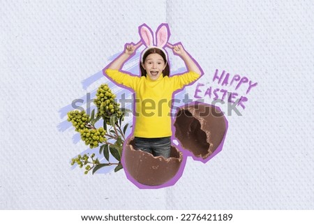 Creative collage photo illustration of cheerful impressed small girl jumped out chocolate easter egg isolated on painting background