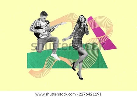 Creative photo collage illustration of positive cheerful people musicians playing pop music on corporate isolated on drawing background