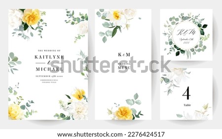 Yellow rose, peony, white lilac, tulip, magnolia, spring garden flowers, mint eucalyptus, greenery, fern,vector design frames. Wedding summer bouquet invitations. Elements are isolated and editable