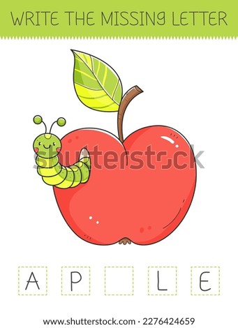 Write the missing letter is an educational game for kids with apple and worm. Cute cartoon apple with caterpillar. Practicing English alphabet. Vector illustration