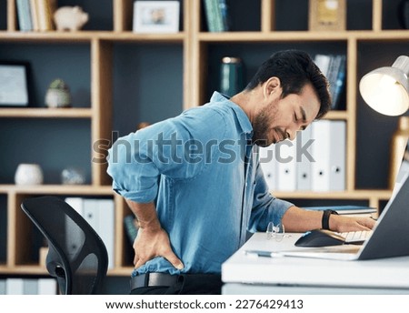 Back pain, business man and office stress of muscle injury, health risk and backache on desk chair. Uncomfortable worker, spine problem and posture of body, scoliosis and fatigue of corporate burnout Royalty-Free Stock Photo #2276429413