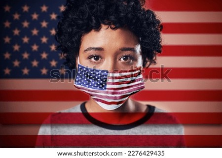 American, flag and face mask on woman activist proud and confident in her country during covid looking serious. Head, eyes and young female volunteer serious, focus and protection from corona
