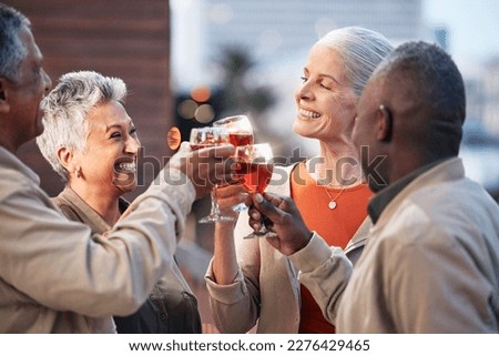Friends, senior people with wine and retirement party, cheers and glasses with happiness, celebration and fun outdoor. Mature, men and women with diversity, alcohol drink and celebrate with team Royalty-Free Stock Photo #2276429465