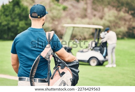 Golf, sports and back of man on course with golfing bag of clubs ready to start game, practice and training on lawn. Professional golfer, activity and male caddy for exercise, fitness and recreation Royalty-Free Stock Photo #2276429563
