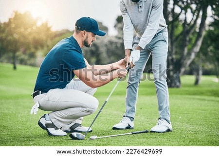 Golf lesson, teaching and sports coach help man with swing, putt and stroke outdoor. Lens flare, green course and club support of a athlete ready for exercise, fitness and training for a game Royalty-Free Stock Photo #2276429699