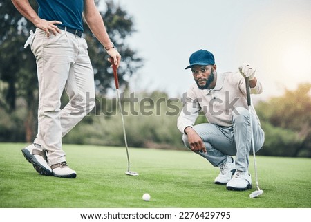 Planning, sports and golf with black man on field for training, competition match and thinking. Games, challenge and tournament with athlete playing on course for exercise, precision and confidence