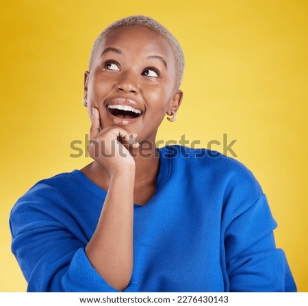 Wow, thinking and aha with a black woman in studio on a yellow background looking thoughtful or surprised. Idea, wonder and eureka with an attractive young female feeling shocked or contemplative Royalty-Free Stock Photo #2276430143