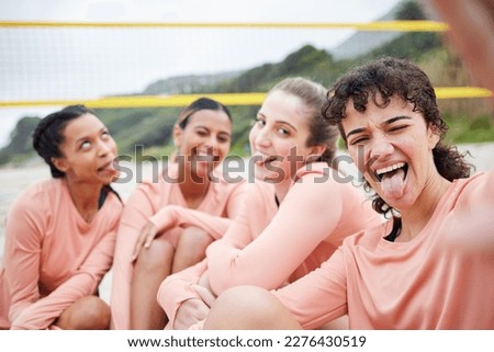 Volleyball woman team, beach selfie or funny face in portrait for smile, support or diversity for sport. Comic athlete women, social media or silly profile picture for solidarity, fitness or wellness