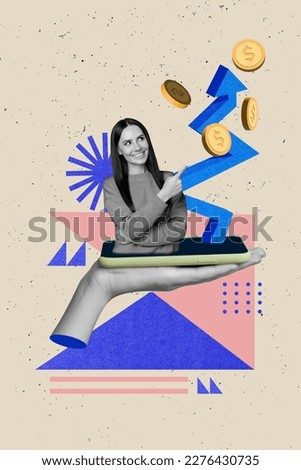 Vertical creative photo collage of beautiful woman directing at coins arm hold smartphone app for trading isolated on drawing background
