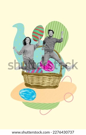 Photo sketch collage graphics artwork picture of funky lucky lady guy celebrating winning easter game isolated drawing background