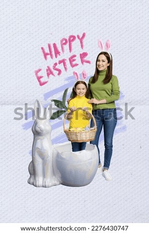 Vertical creative collage sketch photo of cheerful people girls mother and daughter congratulate easter isolated on drawing background