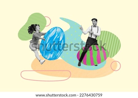 Creative 3d photo collage artwork graphics of excited smiling couple riding colorful easter eggs isolated drawing background