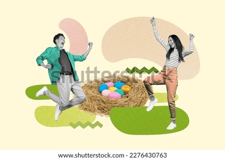 Creative abstract collage template graphics image of excited lucky lady finding easter eggs bird nest isolated drawing background