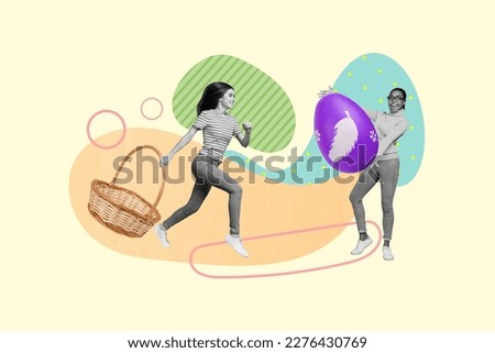 Creative retro 3d magazine collage image of smiling funny girlfriends gathering easter eggs together isolated painting background
