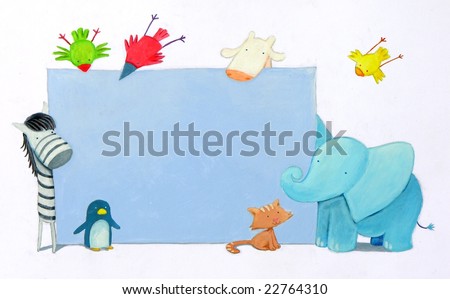 three birds, an elephant, a zebra, a giraffe, a cat and a little penguin  surrounding a blue board