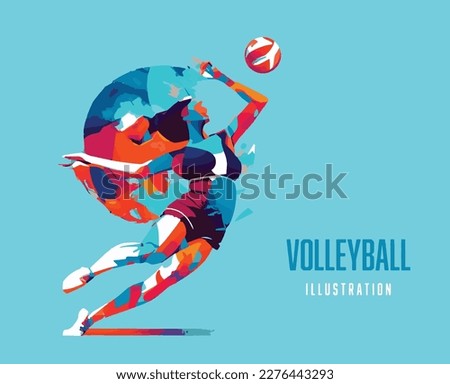 Realistic volleyball player on blue background. Volleyball player woman hits the ball. Art illustration. 